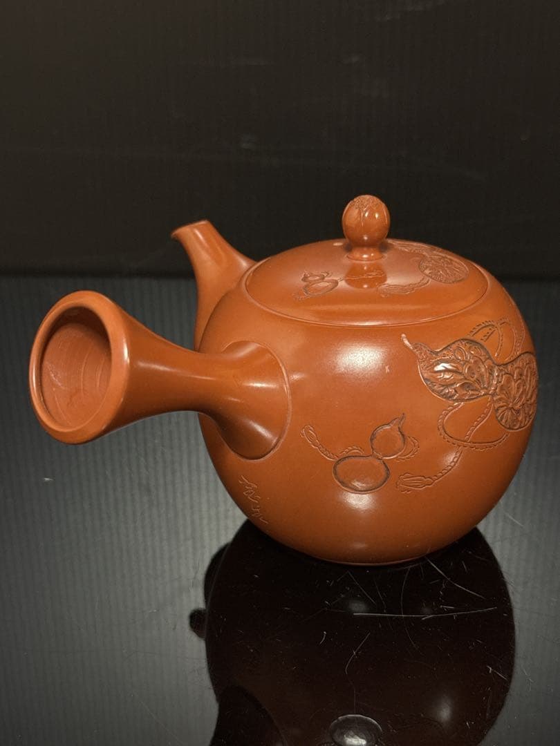 極上 常滑焼 名人 山田宝生 作 細密彫刻瓢図 急須 茶道具