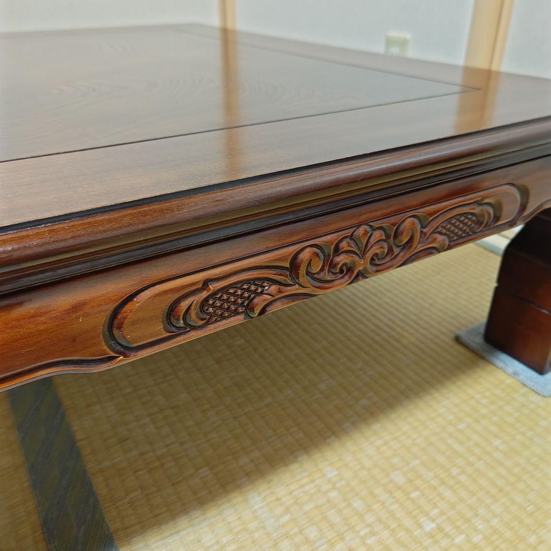 木製座卓(電気こたつ機能有り )ダークブラウン 彫刻装飾(0360)