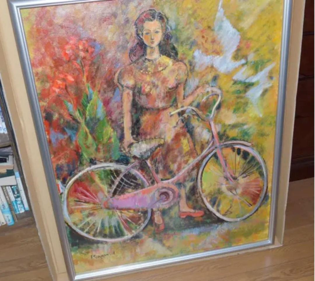 井上和久油彩画 自転車と少女