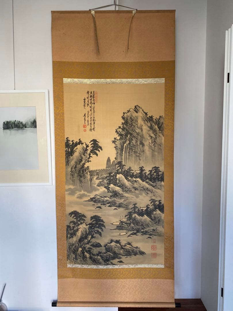 中国書画 民国画家　黄省三　筆 楓橋夜泊図　絹本水墨 山水画賛