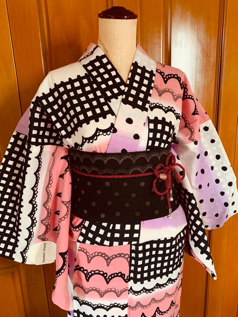 ツモリチサト　レースとチェック柄の浴衣とリバーシブル半幅帯　帯飾り紐もオマケ