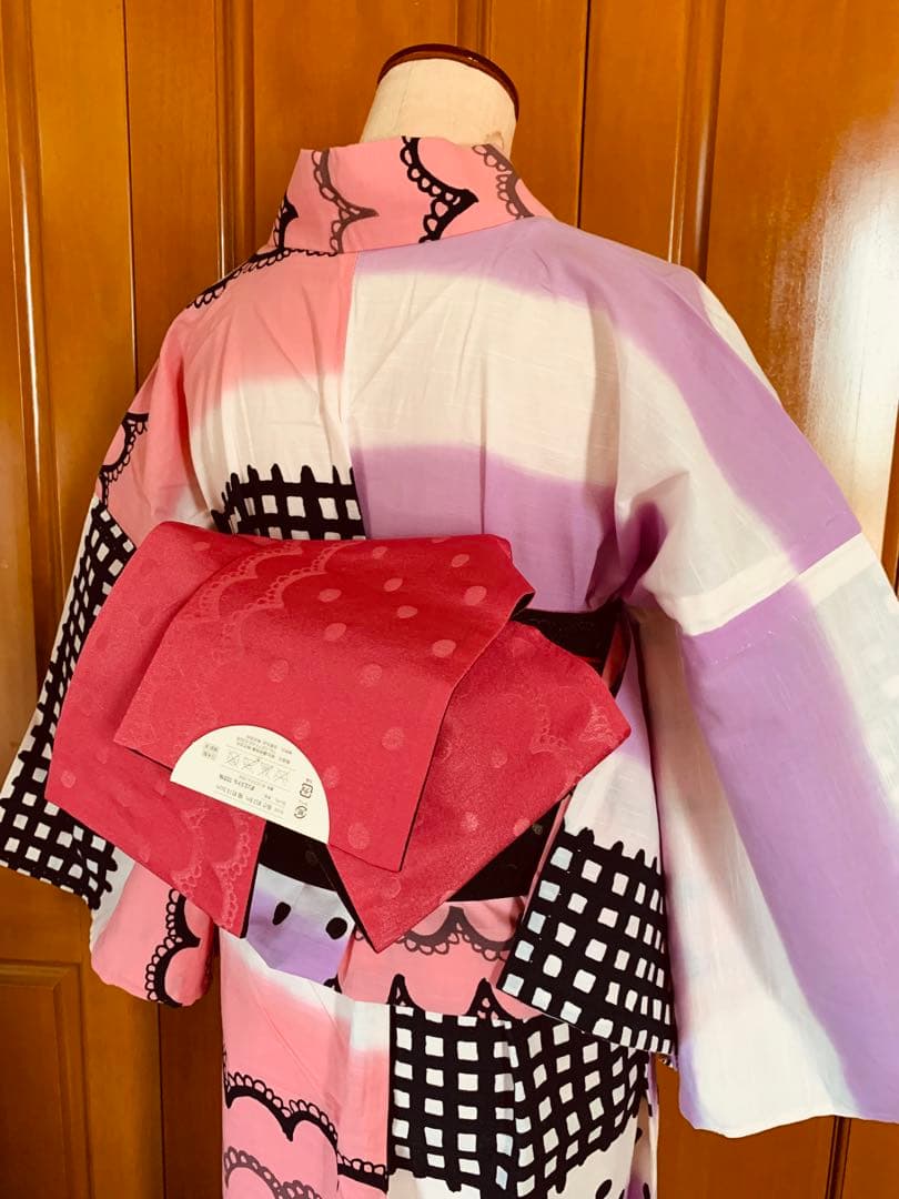 ツモリチサト　レースとチェック柄の浴衣とリバーシブル半幅帯　帯飾り紐もオマケ