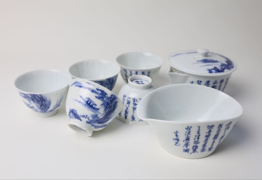 平安　春峰　染付　煎茶器　宝瓶　漢詩　茶碗　湯冷まし
