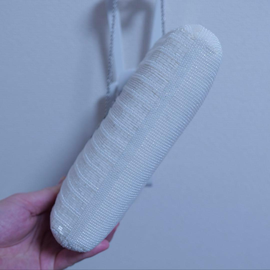 【未使用】ホワイト/パーティーバッグ/ビーズ装飾/フラワーモチーフ/結婚式