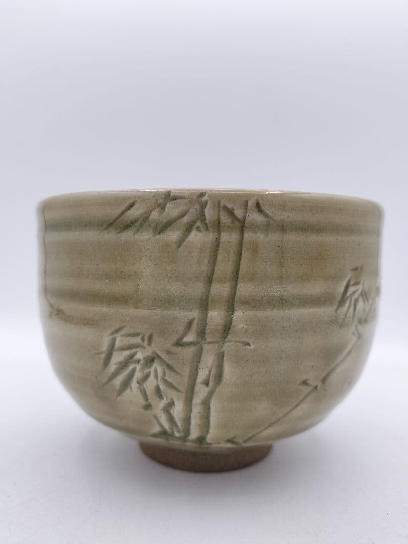 b974茶碗 虫明焼 「竹」岡本錦明 石州流　片桐貞泰箱書　木箱 茶道具　古物