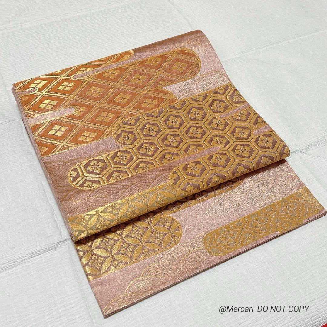 梅垣織物　袋帯　有職霞文　西陣織　正絹　金糸　ピンク
