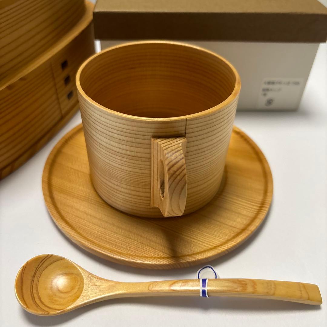 日本製 大館曲げわっぱ やぐら弁当 二段　と　曲物カップ　スプーン付セット未使用