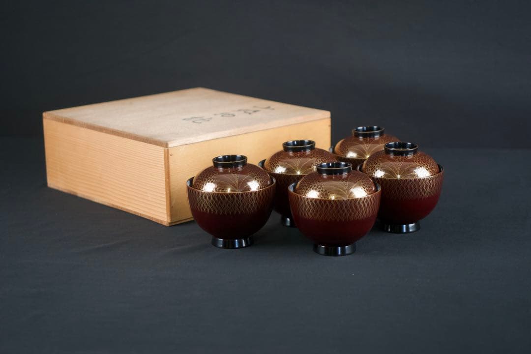 平安象彦　武蔵野椀　5客　箱付　漆器　蒔絵