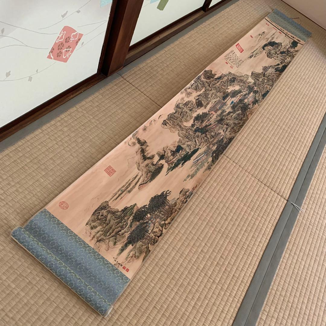 中国絵画　清国　名家　 表江 「阿房宮」 山水絵　国画　巻物　巻き絵