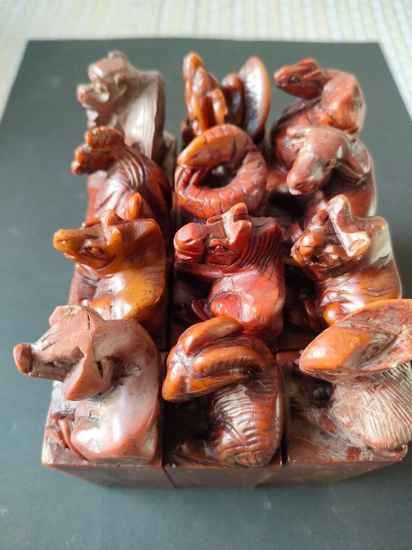 ●篆刻印材十二支 12本セット箱あり寿山石（芙蓉石）干支彫刻中国石印章書道具