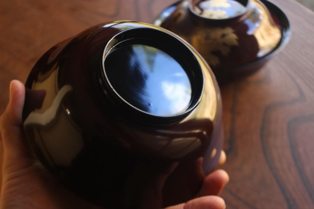 時代逸品！風情ある栗色漆に極上牡丹蝶蒔絵の映える大椀2点（検輪島塗蒔絵椀雑煮椀