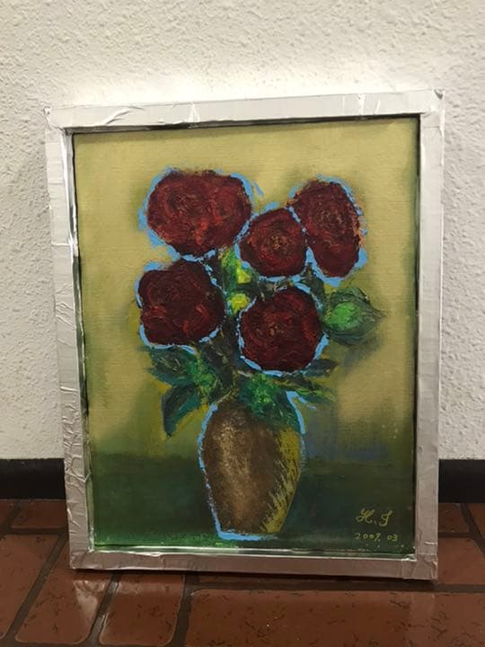 静物、薔薇の花、空飛ぶ前衛美術家、糸川裕志の希少な作品、