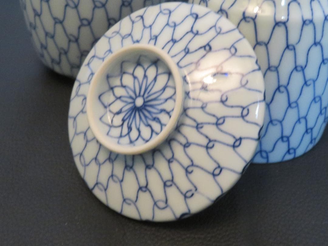 ◆401◆青網蓋付湯呑 芳山 網目　4客 和骨董 japanese craft