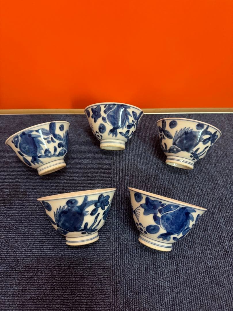 1859  古伊万里　染付青花　大明成化年製銘　湯呑5客　時代物