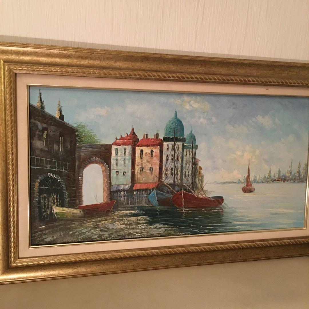 ヨーロッパ絵画油絵手書き横長ワイド