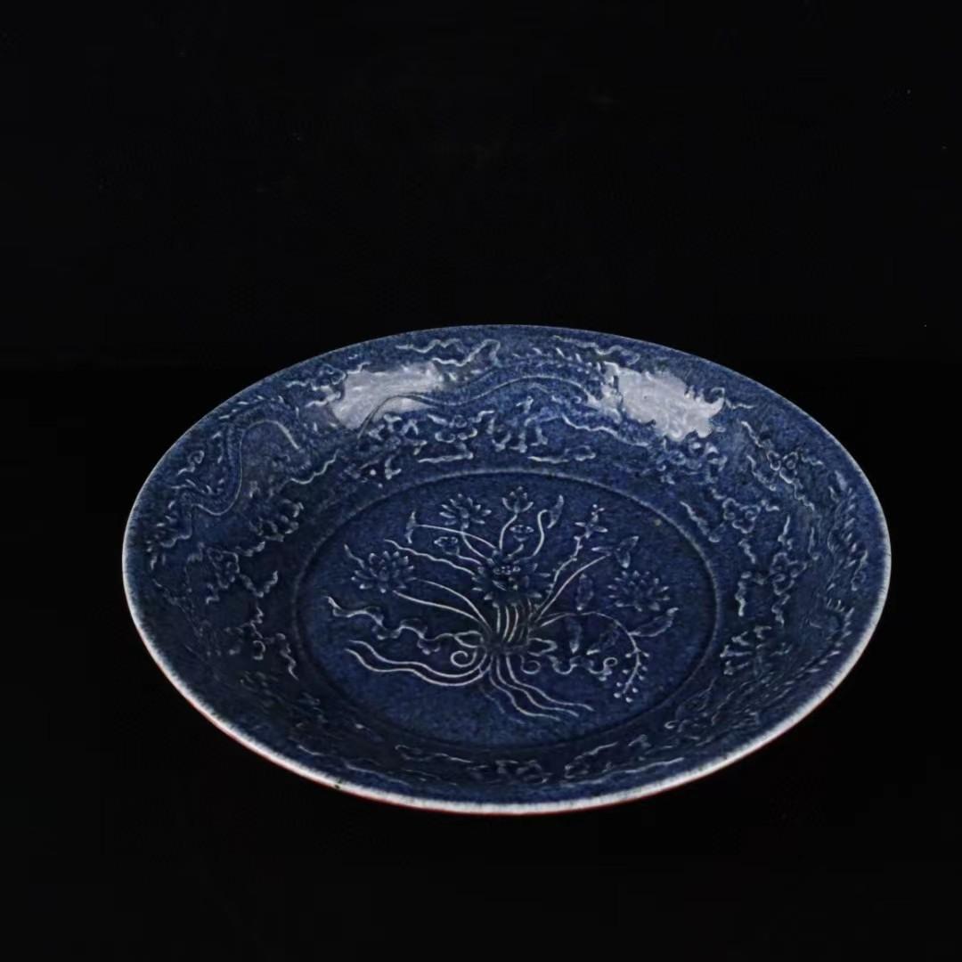中国古美術✦大明宣徳紋 霽藍紅釉浮彫り花卉紋盤セット✦置物・文房具・陶芸・観賞皿