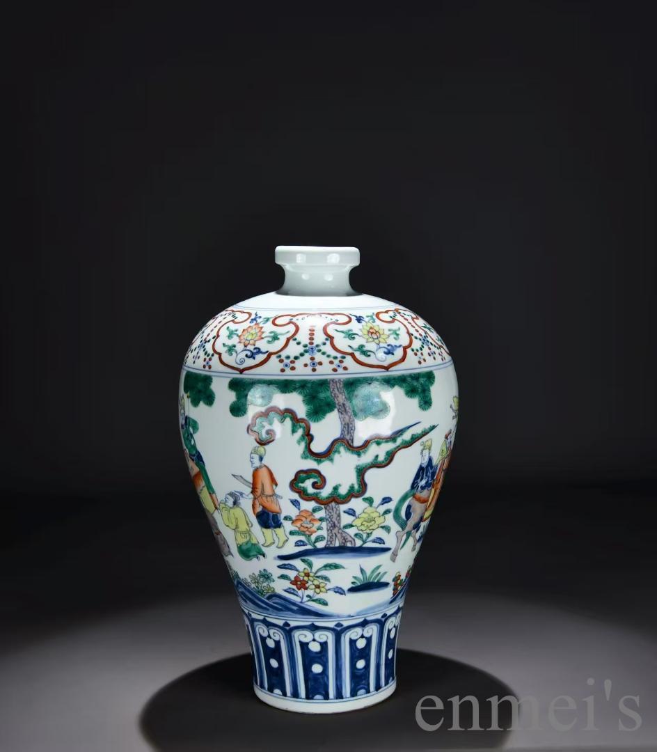 中国古美術・明宣徳・五彩戦将図梅瓶・五彩・唐物・壺・骨董品・時代物・古陶磁・古玩