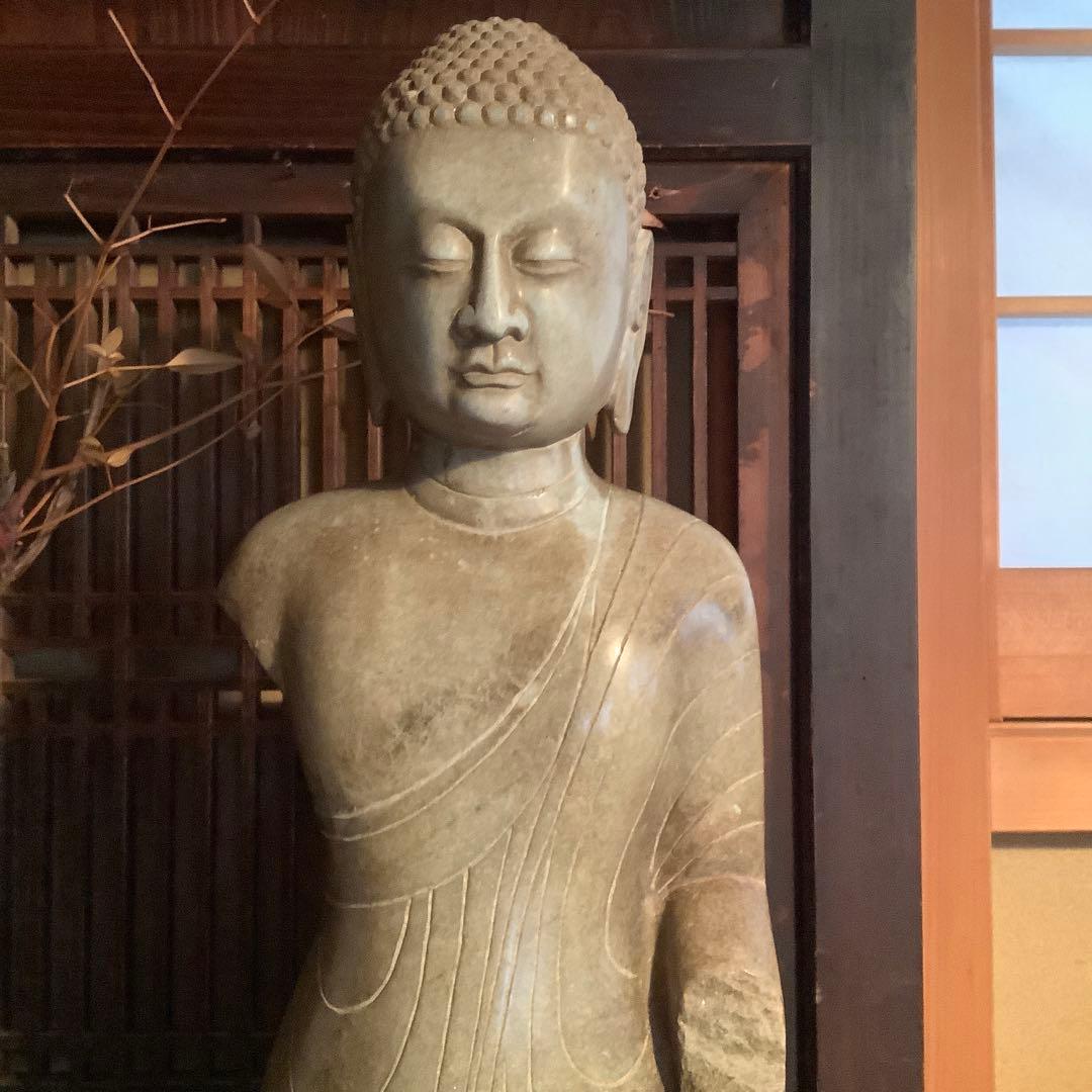 北魏・石仏「阿弥陀如来立像」南北朝時代・北斎・中国古代緑玉・隋極上青石細工彫刻