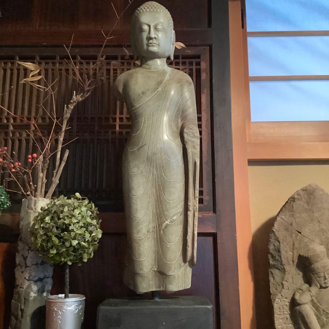 北魏・石仏「阿弥陀如来立像」南北朝時代・北斎・中国古代緑玉・隋極上青石細工彫刻