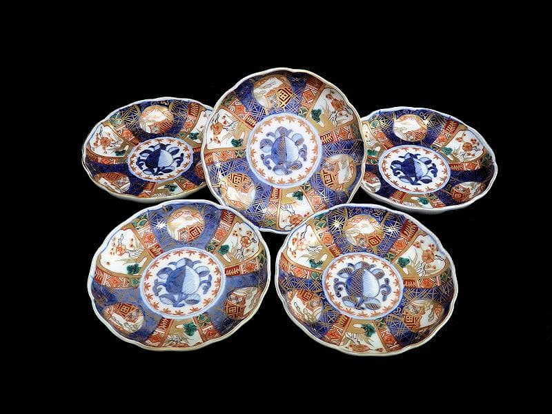 古伊万里　金襴手　富士に梅　笹に柘榴の図　４寸皿　５客　上手　145AS-CBh