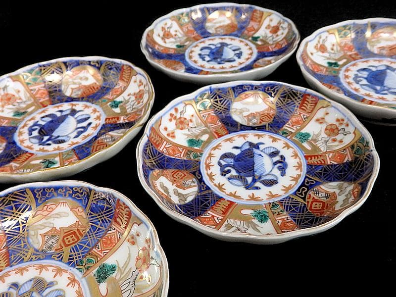 古伊万里　金襴手　富士に梅　笹に柘榴の図　４寸皿　５客　上手　145AS-CBh