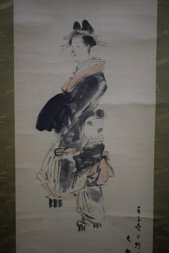 真作/塩川文麟/花魁/美人画/絹表装/布袋屋掛軸HH-248