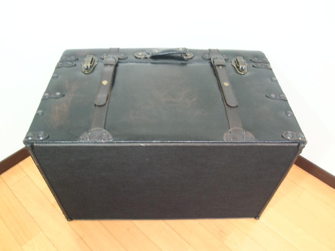 【良品】鋲打ち/革張り 収納スツール/椅子/ベンチ/レコードケース 黒/ブラック