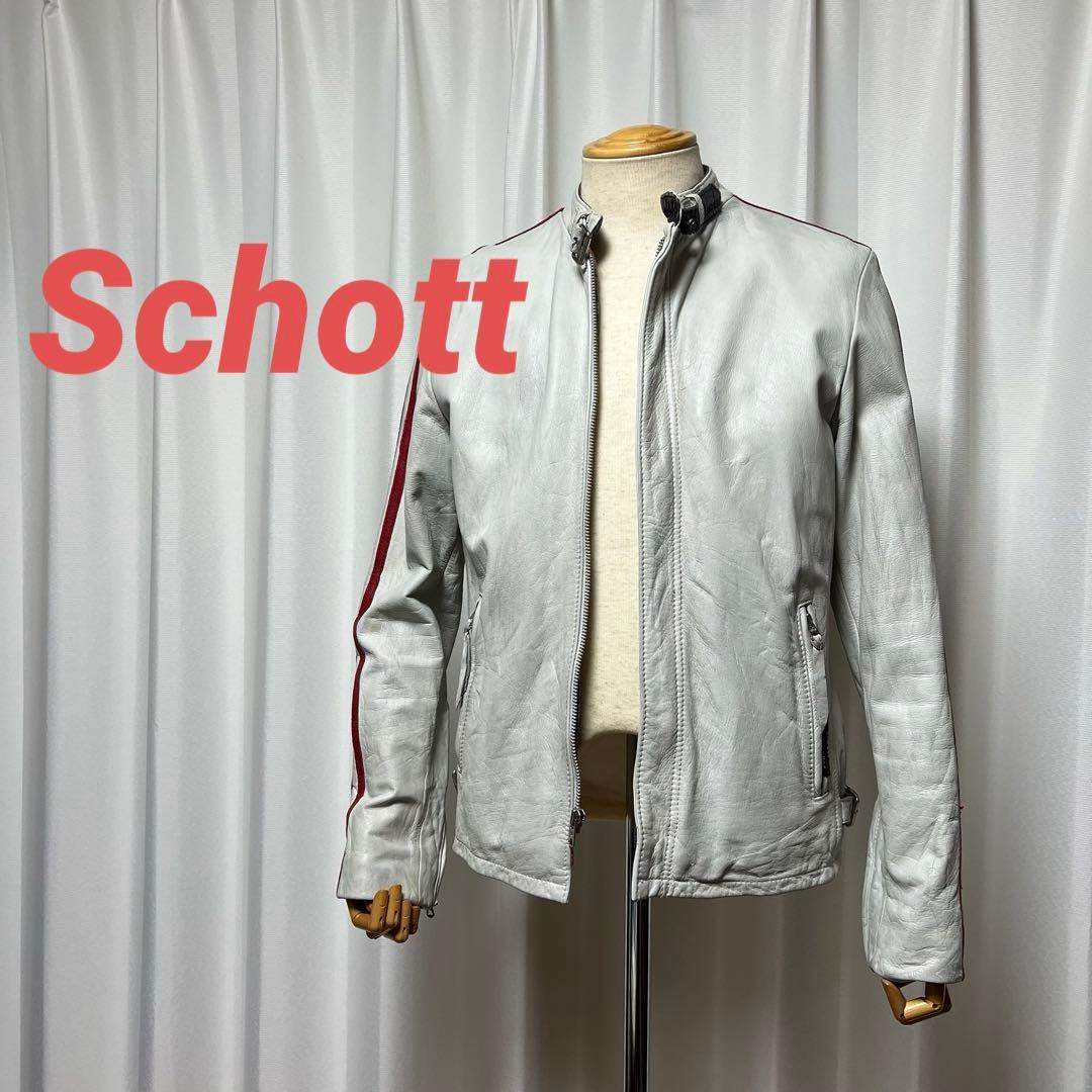 Schottクラッシックレーサー　シングルライダース　白地に袖青赤2本線　牛革M