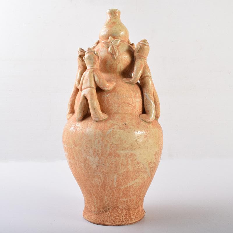 中国　自然釉　人物四耳壷　V　R7644