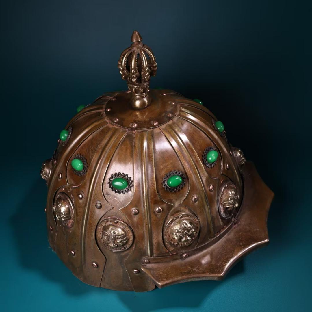 中国古美術 金属製ヘルメット 純銅製 純手作り 極細工 鏨刻 旧家蔵出 唐物