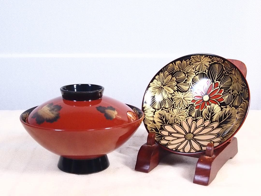 【良品】輪島塗 美術漆器 菊詰沈金 吸物椀5客 汁椀/お椀 輪島漆器商会 食器