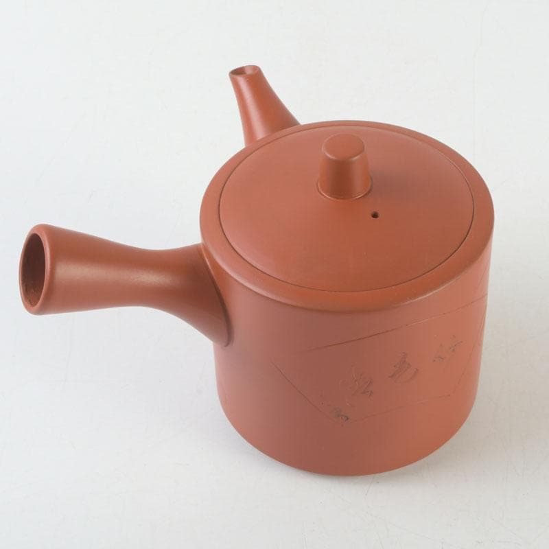 煎茶道具　常滑焼　朱泥　漢詩竹刻　横手急須　V　9580