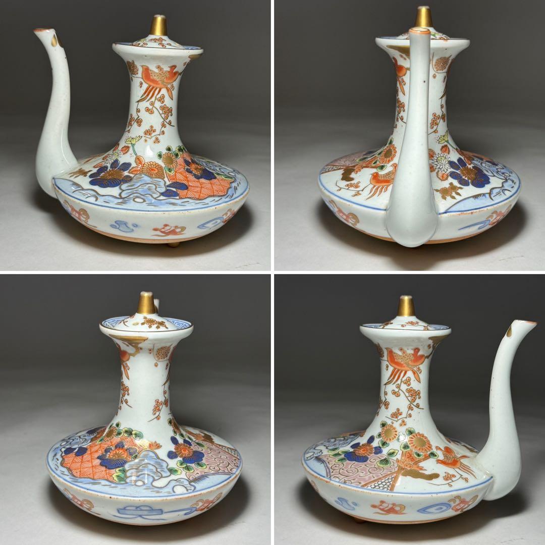 ◆伊万里 染錦金彩花鳥文銚子一対 酒器 上手品 明治時代◆