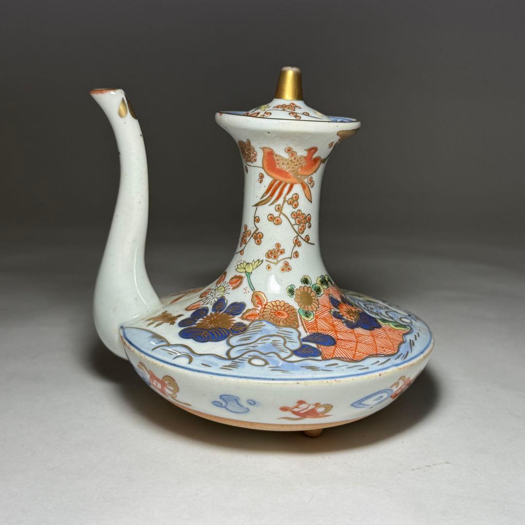 ◆伊万里 染錦金彩花鳥文銚子一対 酒器 上手品 明治時代◆