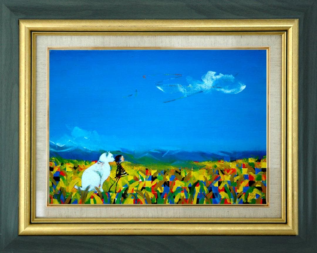 油絵菅家令子絵 絵画インテリア額付(青緑＋金色の枠)F4-072119子犬猫女子