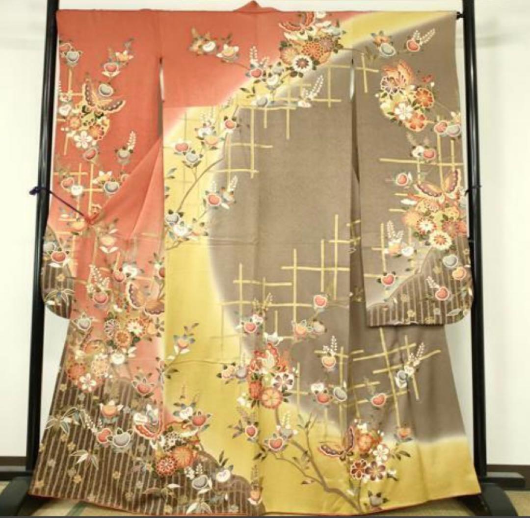 振袖フルセット6点サイズM〜Ｌ舞蝶花文　暈し染め　金彩　正絹