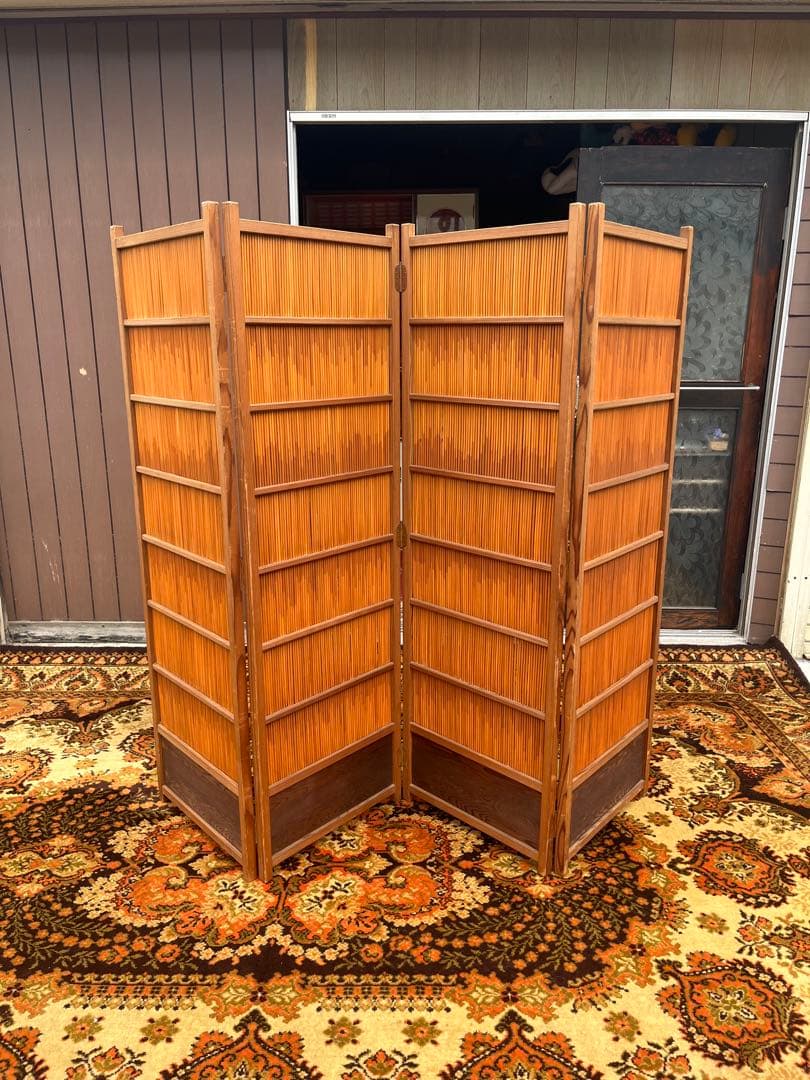 花寄屏風 4枚折 衝立 茶道具 パーテーション 目隠し インテリア 昭和レトロ