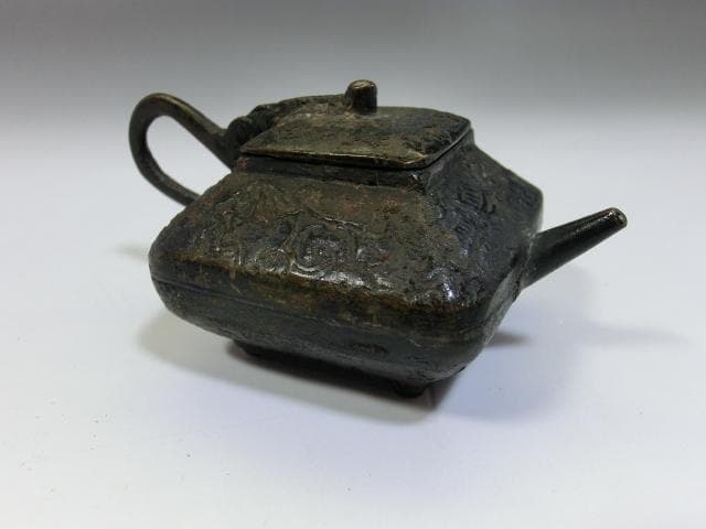 水滴■古銅製時代物 後手急須型 書道道具 急須型水差し 中国古美術 骨董品■