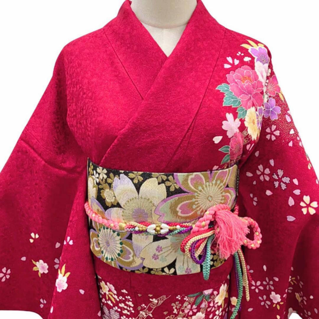【お得品】 振袖セット 成人式 正絹 振袖 花柄 桜 赤 S87 ●