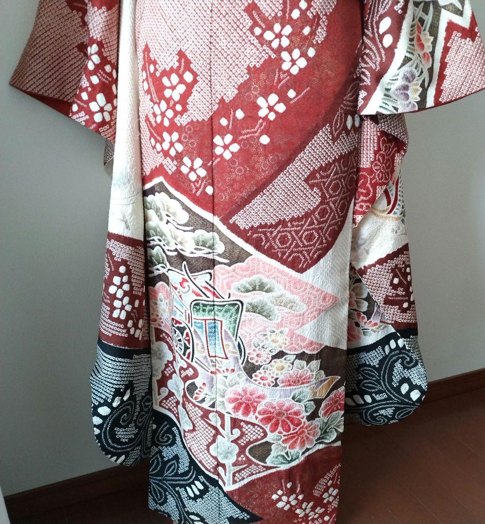 439.極上の総絞り　振袖7点セット 正絹　フルセット　成人式　ダークな苺