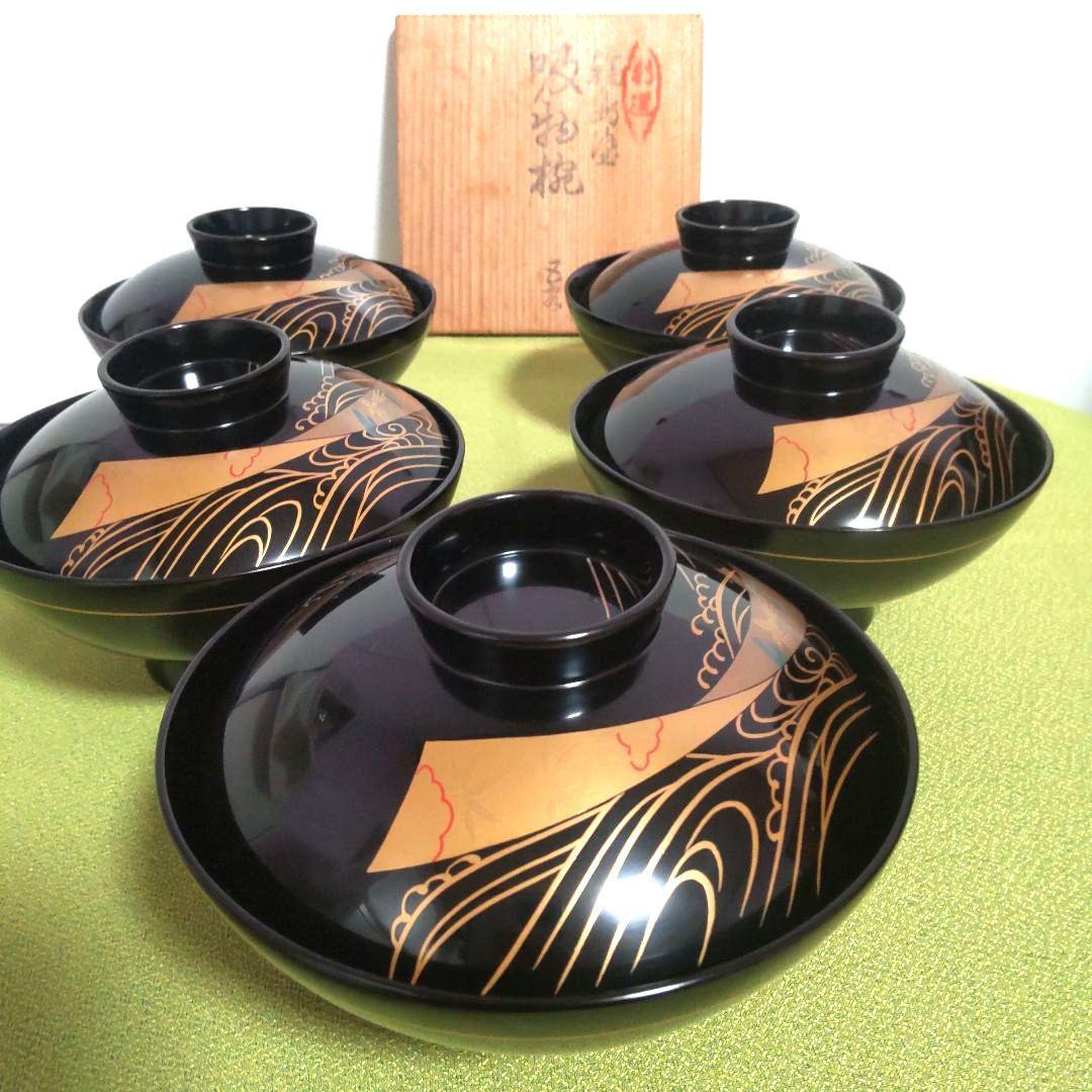 輪島塗 蓋付 椀 吸飲椀 波 鳥 金彩 蒔絵 松 黒 漆塗り 木箱付