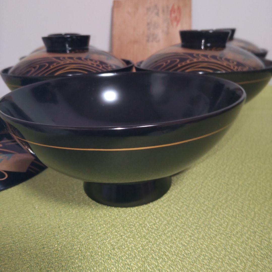 輪島塗 蓋付 椀 吸飲椀 波 鳥 金彩 蒔絵 松 黒 漆塗り 木箱付