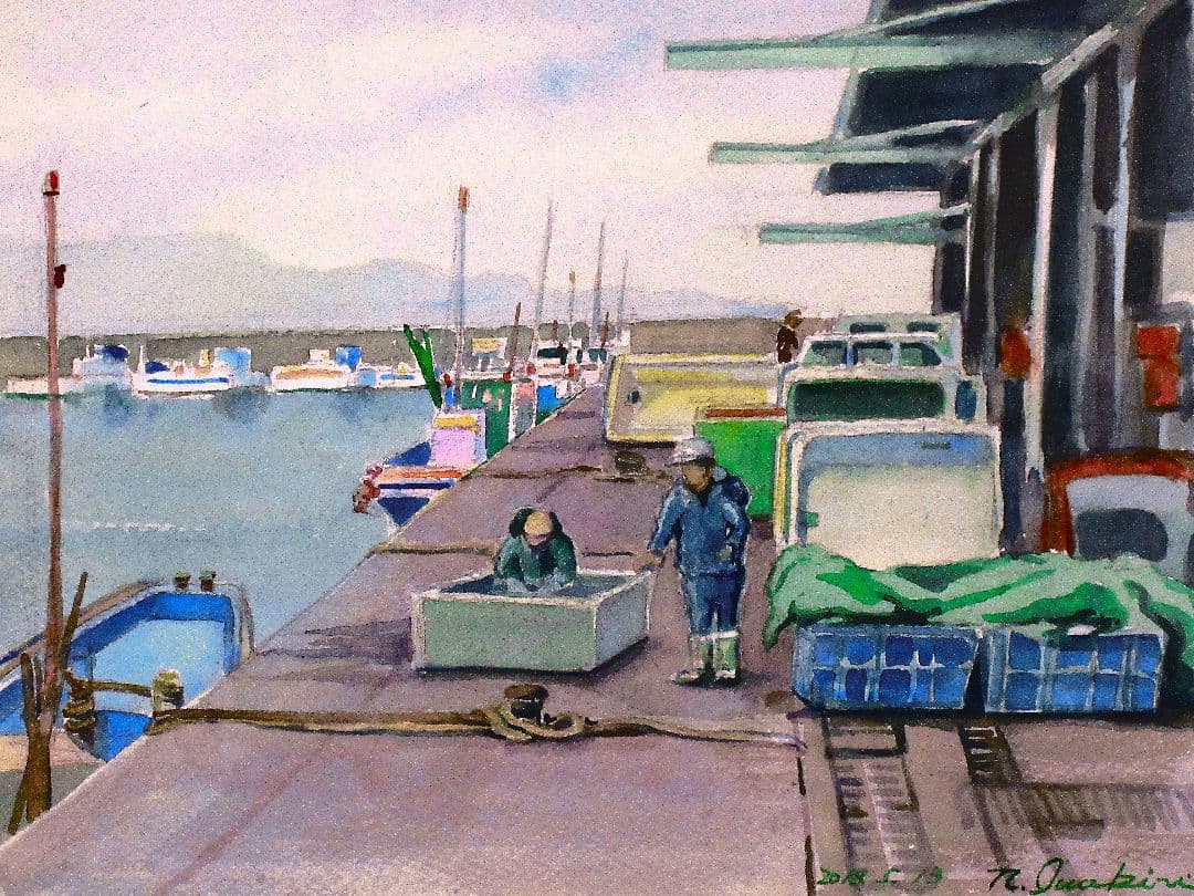 水彩画 魚市場の風景( 額縁付き)