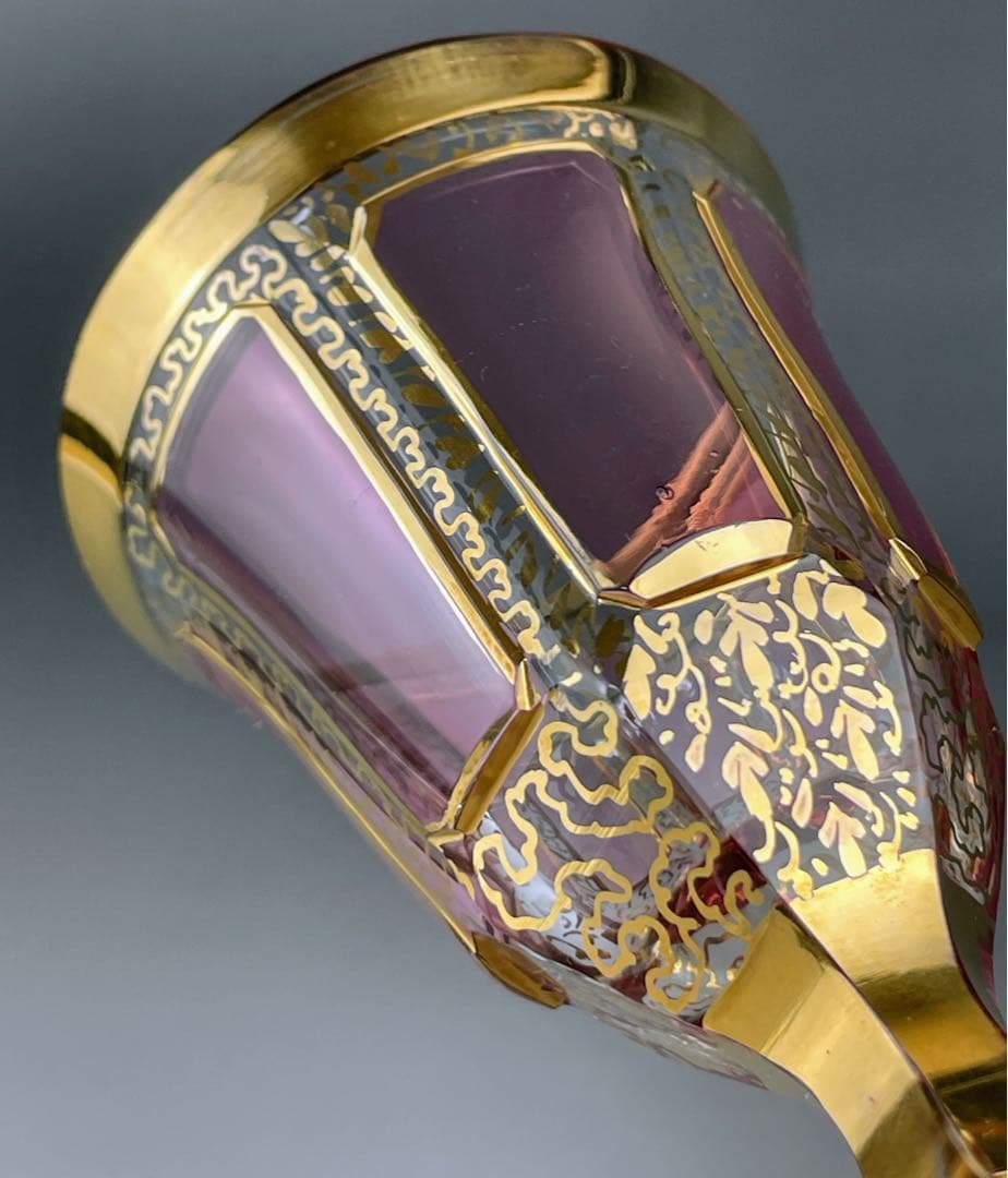 ボヘミア パネルグラス ２個セット クランベリー被せ ワイングラス クサック