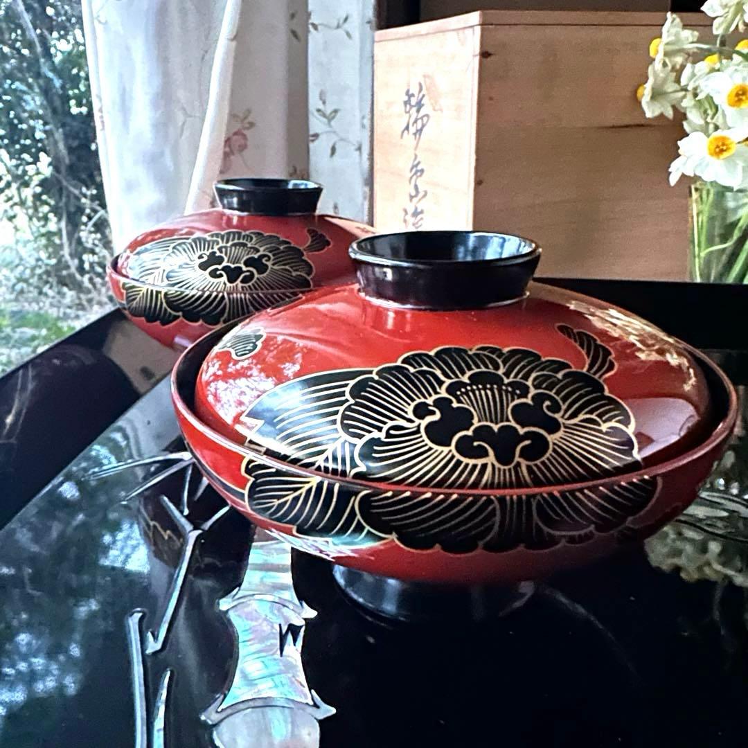 2208様感謝‼️洗朱❌黒JAPAN輪島蒔絵牡丹　独楽椀天然木本漆特製吸物椀5客
