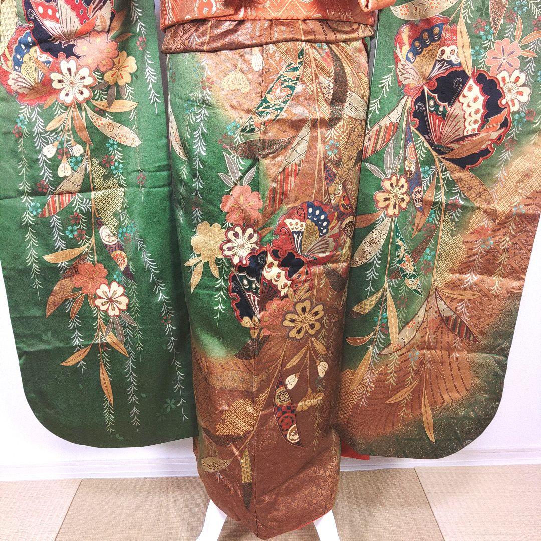 振袖　完全フルセット　24点　成人式　結婚式　前撮り　グリーン　緑　蝶々　美品