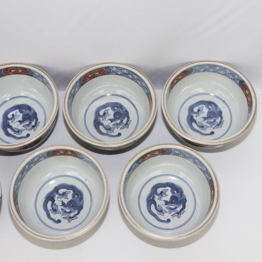 冨貴長春　蓋付茶碗　錦絵 染付 金彩 古伊万里　7客　吉祥　1客に金継ぎ有り