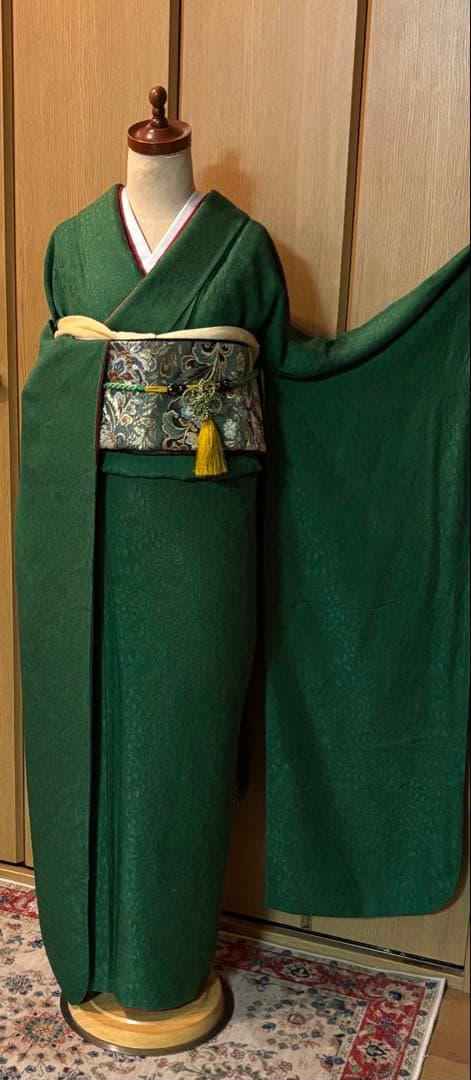 正絹　辻ヶ花地文　正絹無地振袖 花紋　トールゆったりサイズ エメラルドグリーン