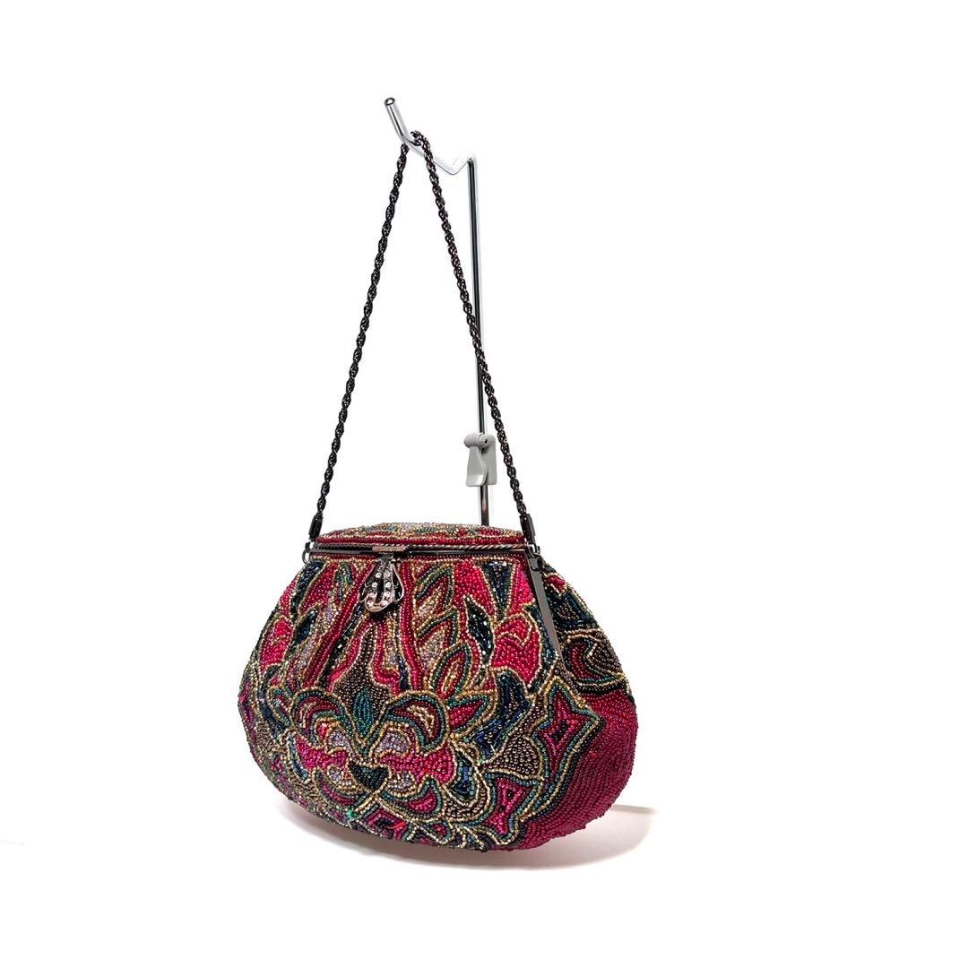 【美品】ビーズ総刺繍/ラインストーン/ ビジュー/口枠式/赤系色/ビーズバッグ