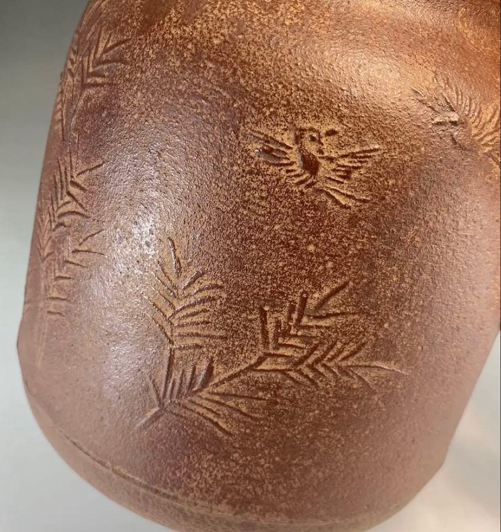 【茶道具】佐藤清光造　竹雀地紋　筒撫肩釜（共箱）